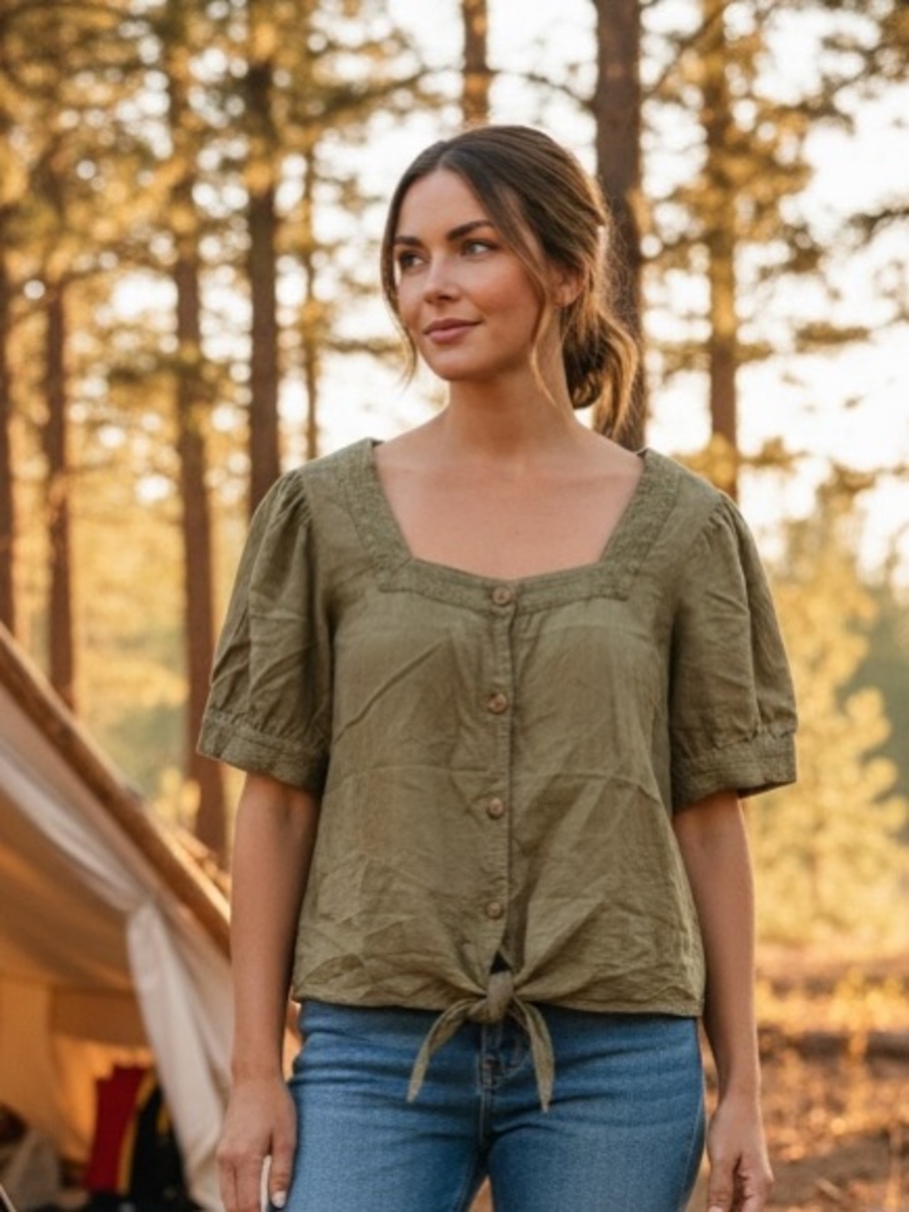 Talbots Olive Green Tie-Front Button Blouse